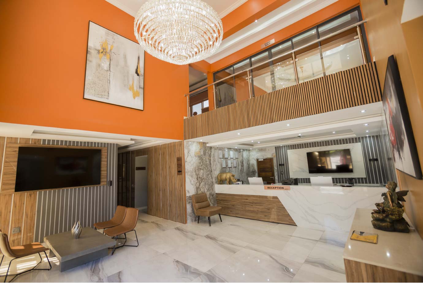 Copper Crest Hotel Lobby with Chandelier